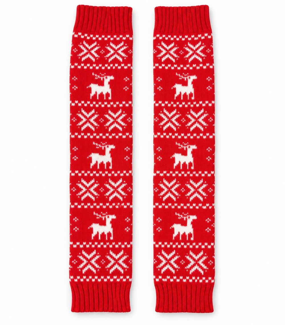 Red White Reindeer Fair Isle Knit Leg Warmers Christmas Nordic 24" Holiday